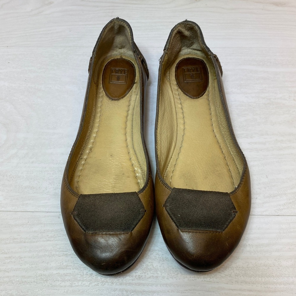 Frye Womens 7.5 B Leather Ballet Flats Suede Patch Brown Tan Round Toe Classic